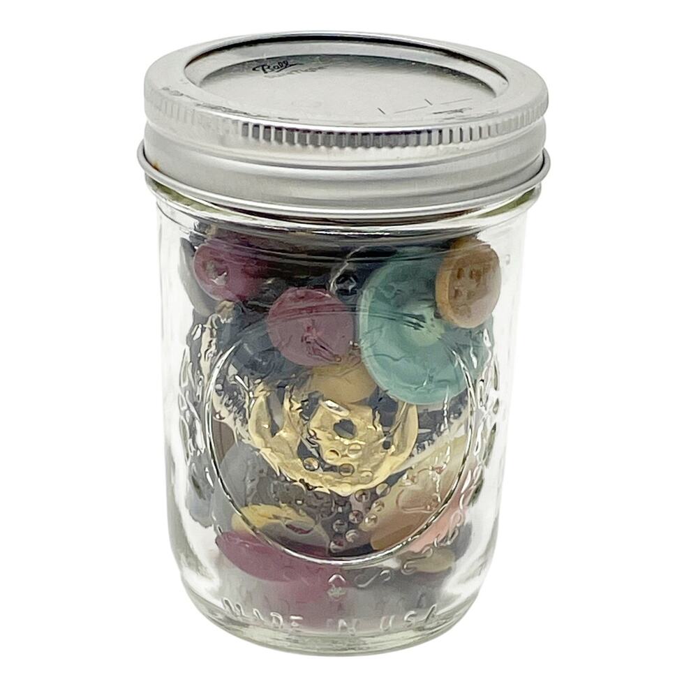Ball Glass Jelly Jar with Vintage Buttons Assorted 4 Inch Sewing Craft Room Fun